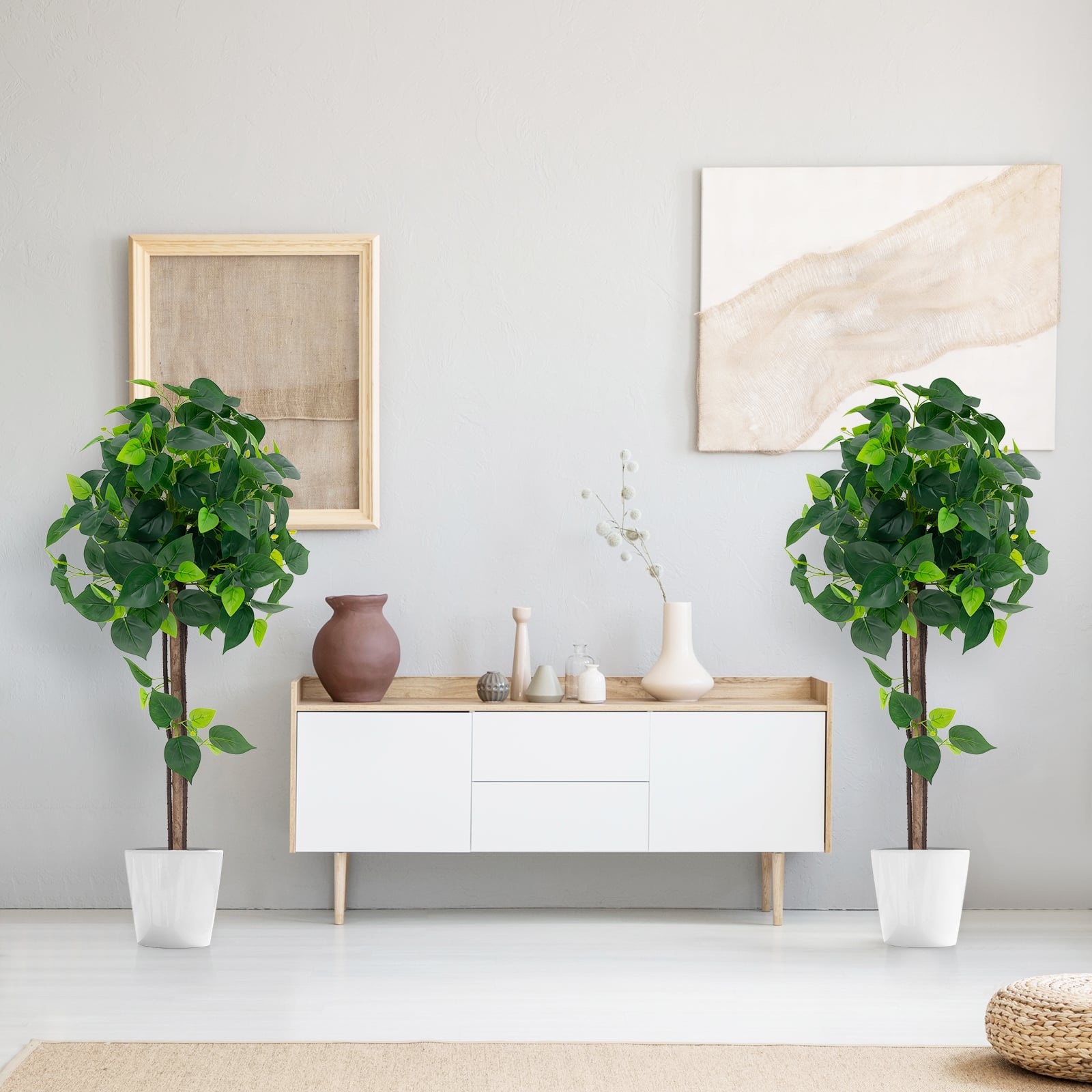 2 Pieces Artificial Hydrangea Tree Fake Potted Silk Tree with Realistic Hydrangea Leaves