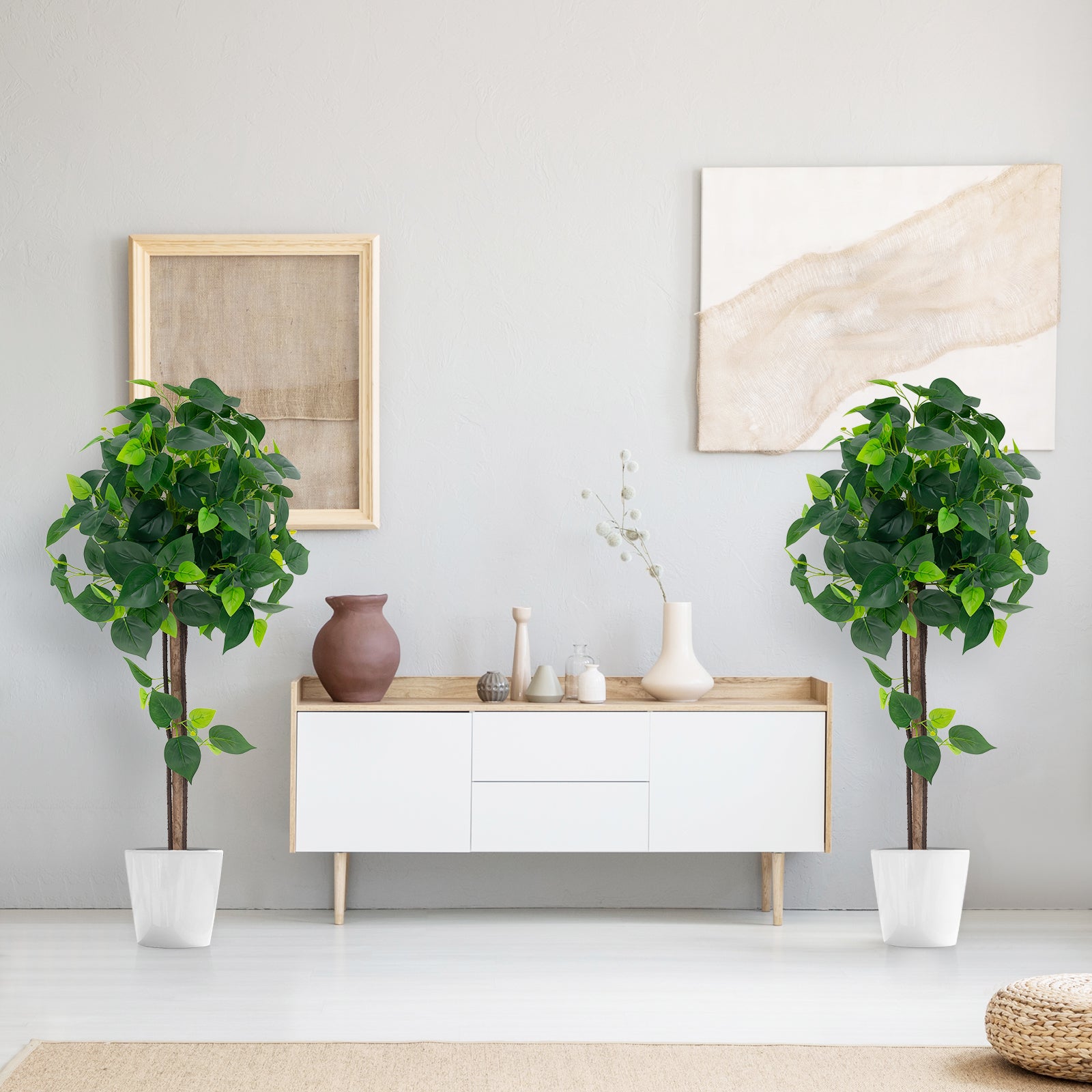 2 Pieces Artificial Hydrangea Tree Fake Potted Silk Tree with Realistic Hydrangea Leaves