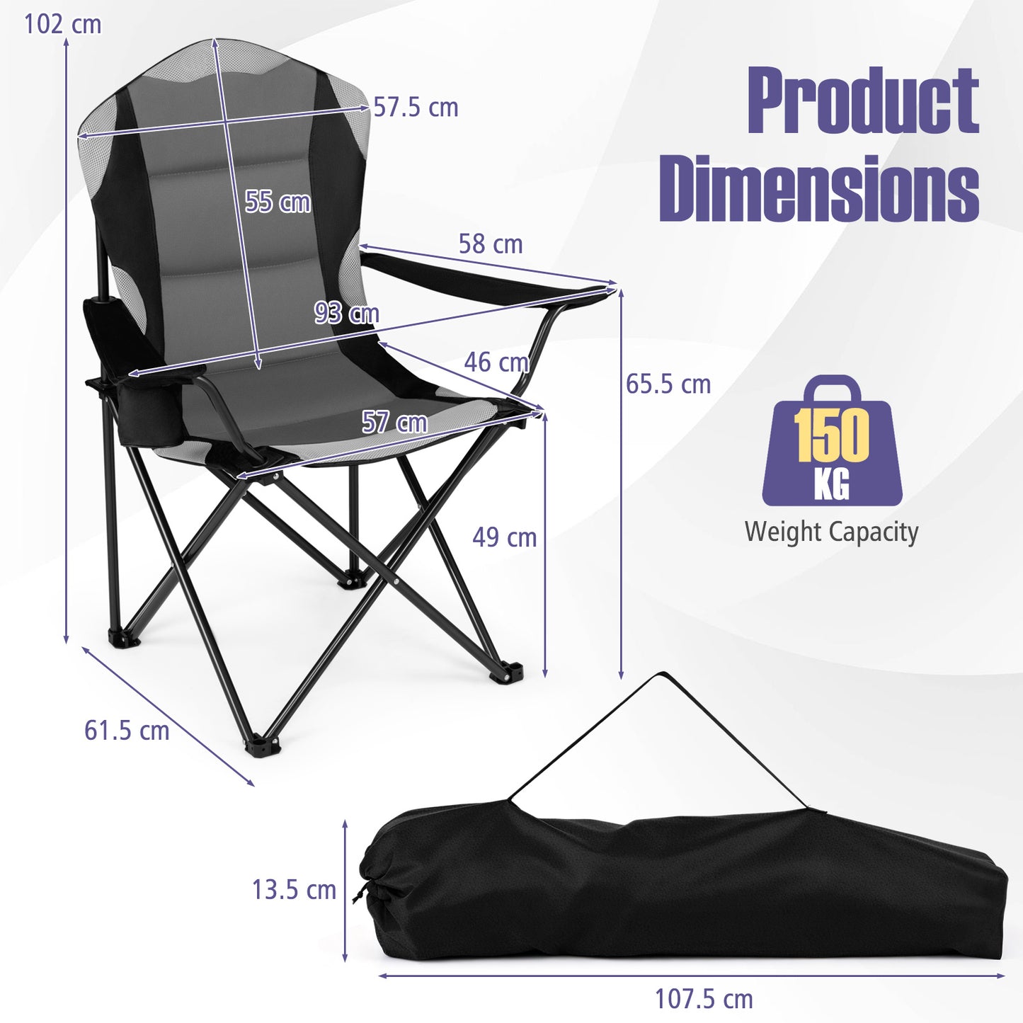 2 Pieces Folding Camping Chairs for Adults with Cup Holders-Black