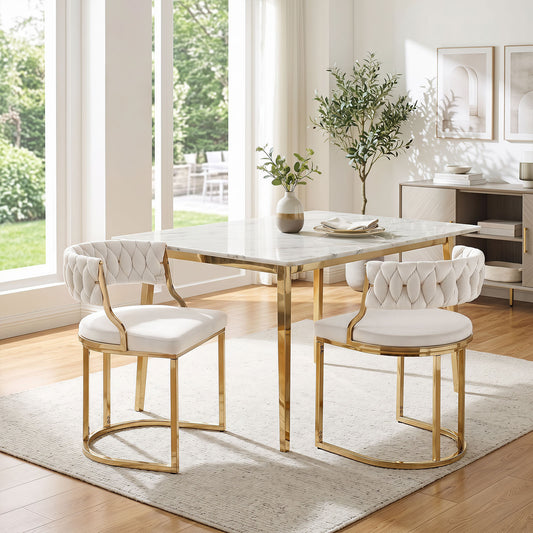 2 Pieces Velvet Dining Chairs with Curved Back and Metal Base-Beige