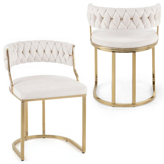 2 Pieces Velvet Dining Chairs with Curved Back and Metal Base-Beige