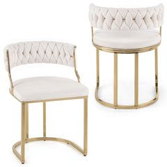 2 Pieces Velvet Dining Chairs with Curved Back and Metal Base-Beige