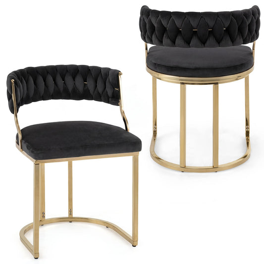 2 Pieces Velvet Dining Chairs with Curved Back and Metal Base-Black