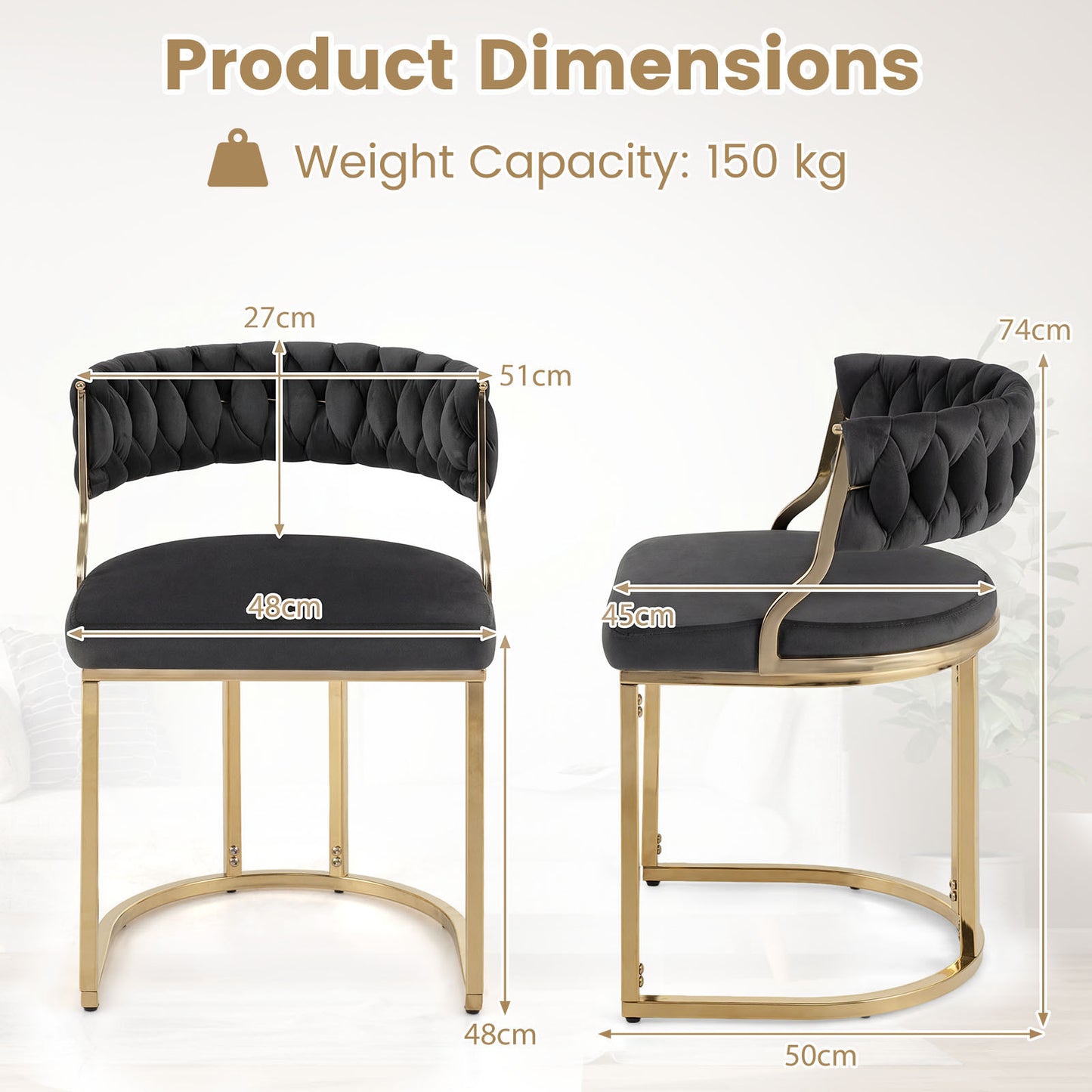 2 Pieces Velvet Dining Chairs with Curved Back and Metal Base-Black