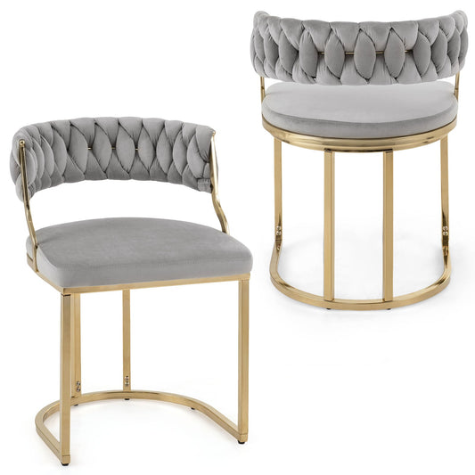 2 Pieces Velvet Dining Chairs with Curved Back and Metal Base-Grey