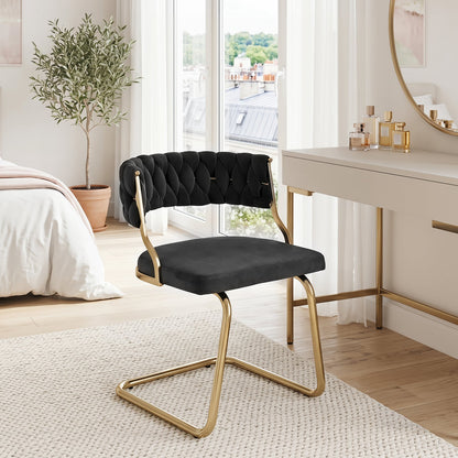 2 Pieces Velvet Dining Chairs with Curved Back and Sled Metal Base-Black