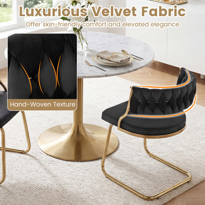 2 Pieces Velvet Dining Chairs with Curved Back and Sled Metal Base-Black