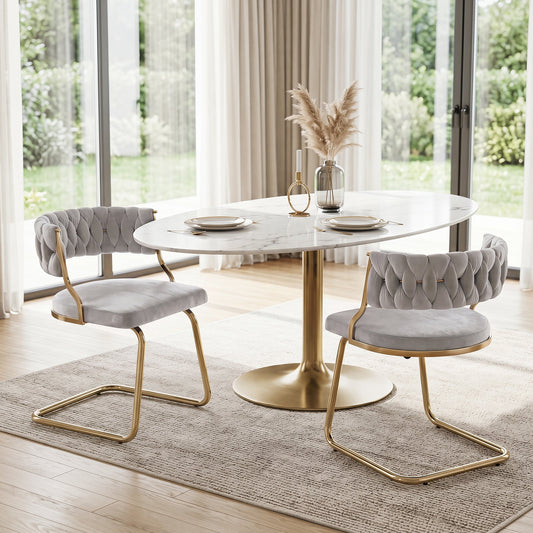 2 Pieces Velvet Dining Chairs with Curved Back and Sled Metal Base-Grey