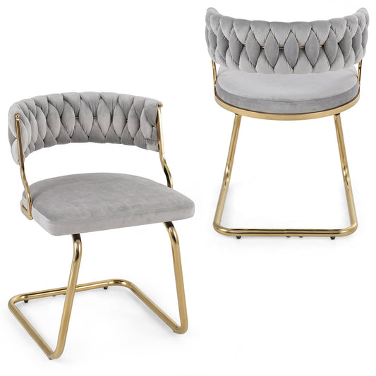 2 Pieces Velvet Dining Chairs with Curved Back and Sled Metal Base-Grey