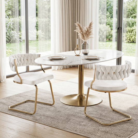 2 Pieces Velvet Dining Chairs with Curved Back and Sled Metal Base-White