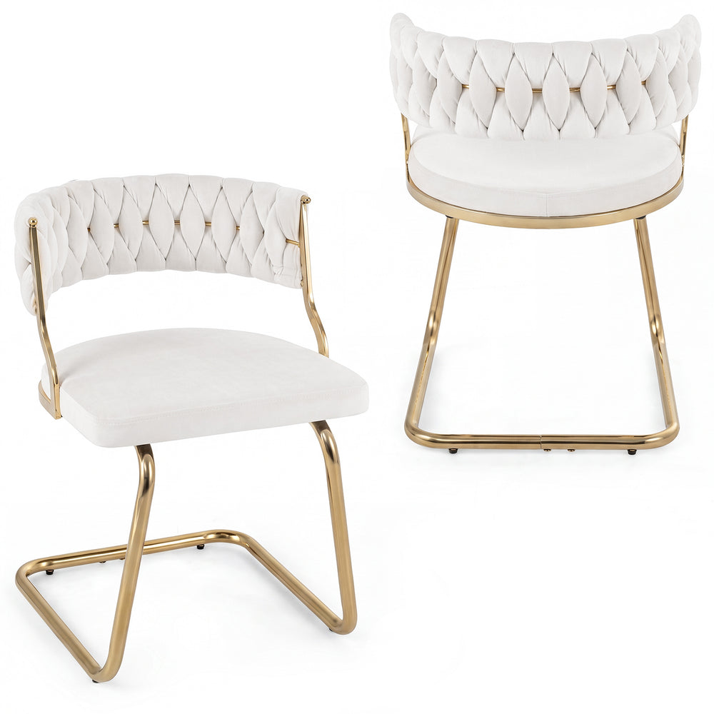 2 Pieces Velvet Dining Chairs with Curved Back and Sled Metal Base-White