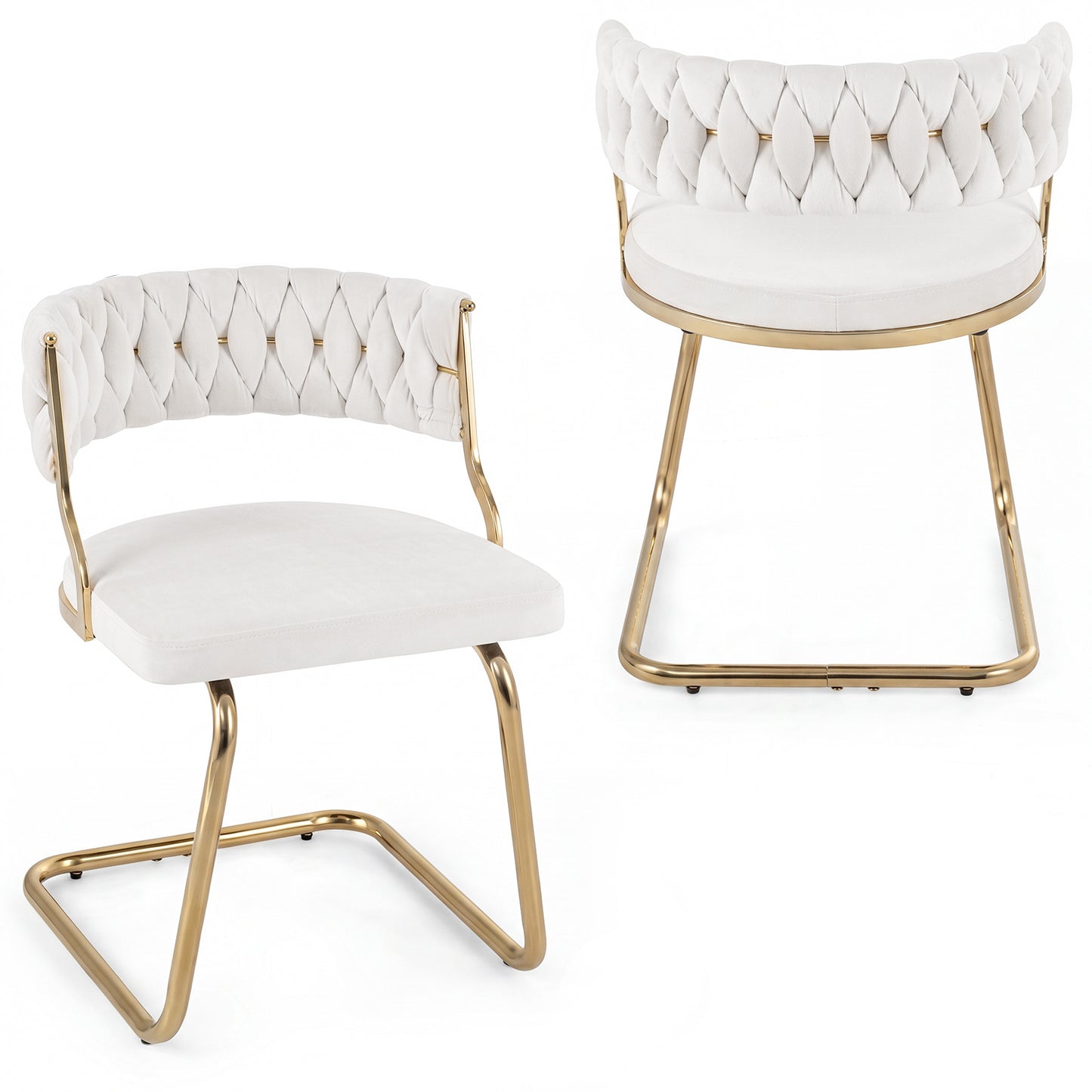 2 Pieces Velvet Dining Chairs with Curved Back and Sled Metal Base-White
