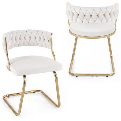 2 Pieces Velvet Dining Chairs with Curved Back and Sled Metal Base-White