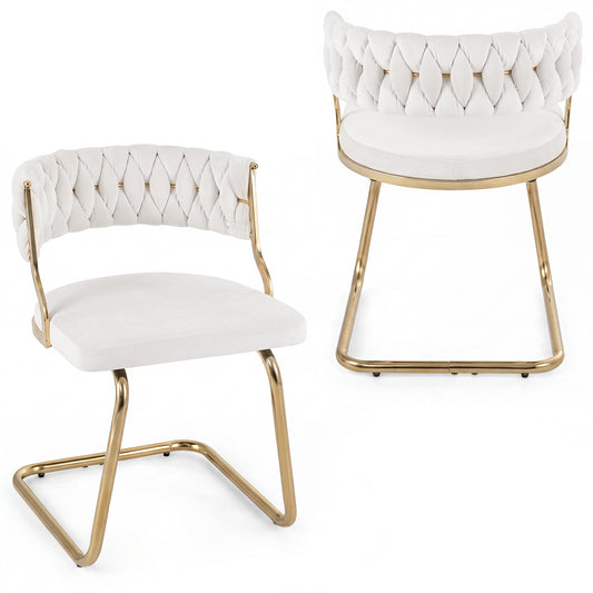 2 Pieces Velvet Dining Chairs with Curved Back and Sled Metal Base-White