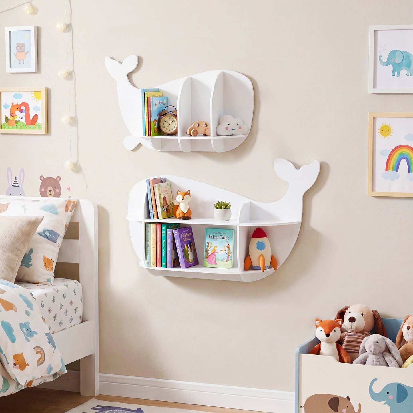 2 Pieces Whale Floating Shelves with Compartments for Kid's Room-White
