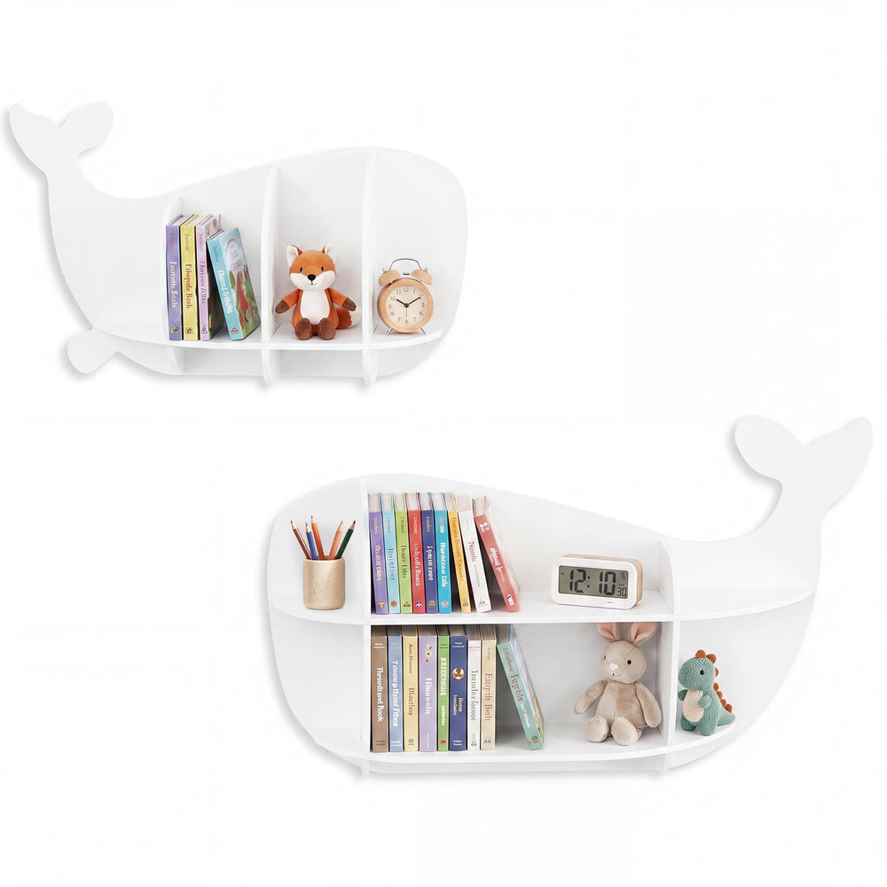 2 Pieces Whale Floating Shelves with Compartments for Kid's Room-White