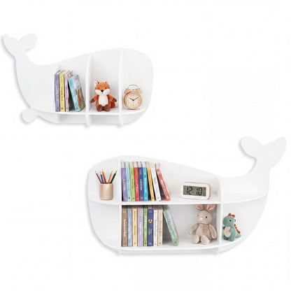 2 Pieces Whale Floating Shelves with Compartments for Kid's Room-White