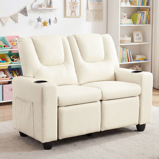 2-Seater Kids Recliner with Cup Holders & Storage Pockets and Adjustable Backrest-Beige