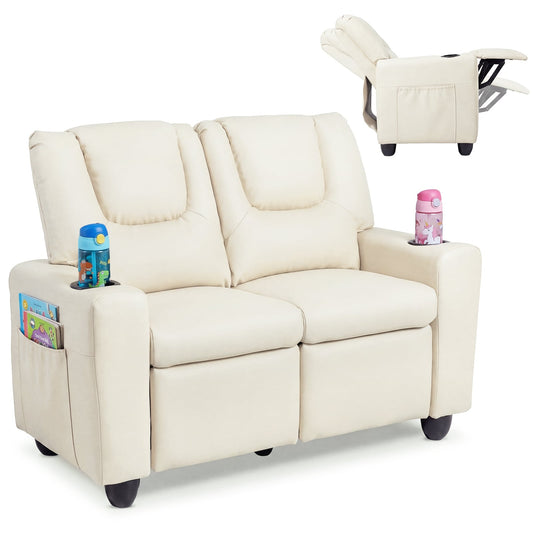 2-Seater Kids Recliner with Cup Holders & Storage Pockets and Adjustable Backrest-Beige