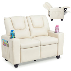 2-Seater Kids Recliner with Cup Holders & Storage Pockets and Adjustable Backrest-Beige