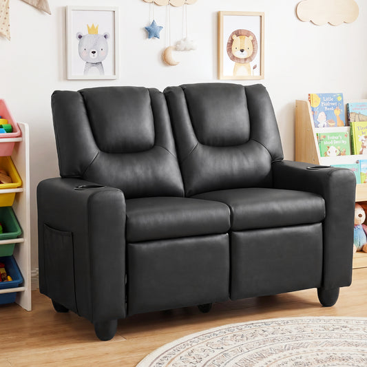 2-Seater Kids Recliner with Cup Holders & Storage Pockets and Adjustable Backrest-Black