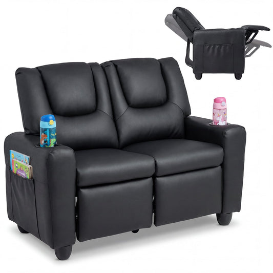 2-Seater Kids Recliner with Cup Holders & Storage Pockets and Adjustable Backrest-Black