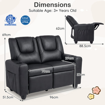 2-Seater Kids Recliner with Cup Holders & Storage Pockets and Adjustable Backrest-Black