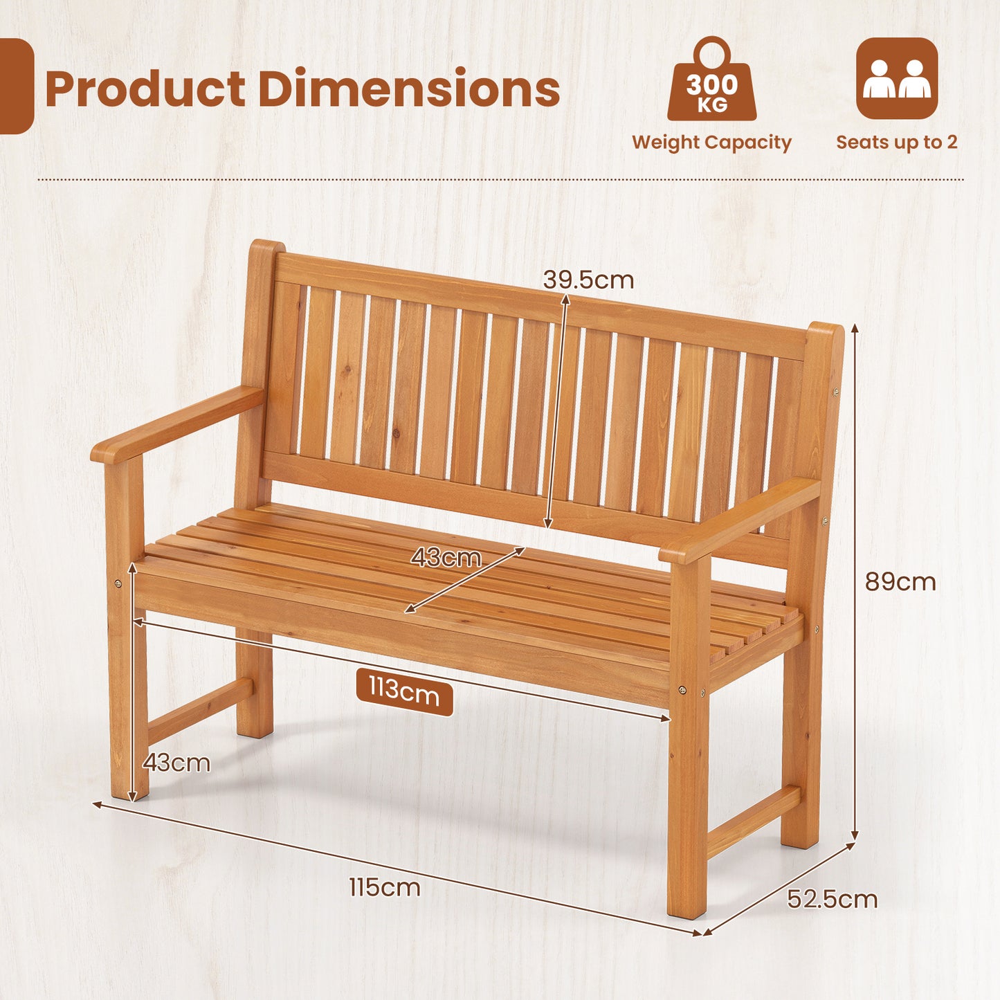 2-Seater Outdoor Wooden Bench Garden Loveseat Bench with Backrest-Yellow