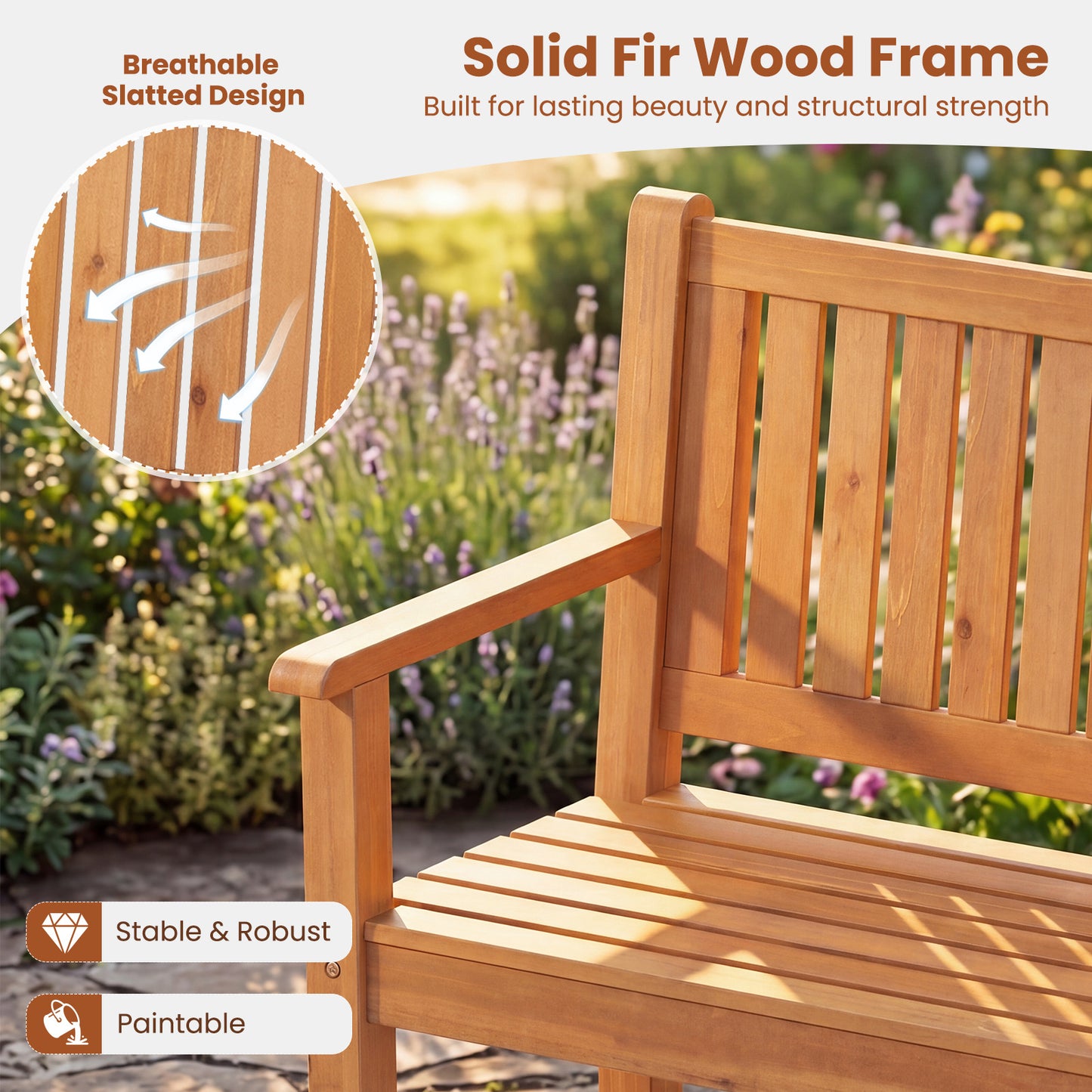 2-Seater Outdoor Wooden Bench Garden Loveseat Bench with Backrest-Yellow