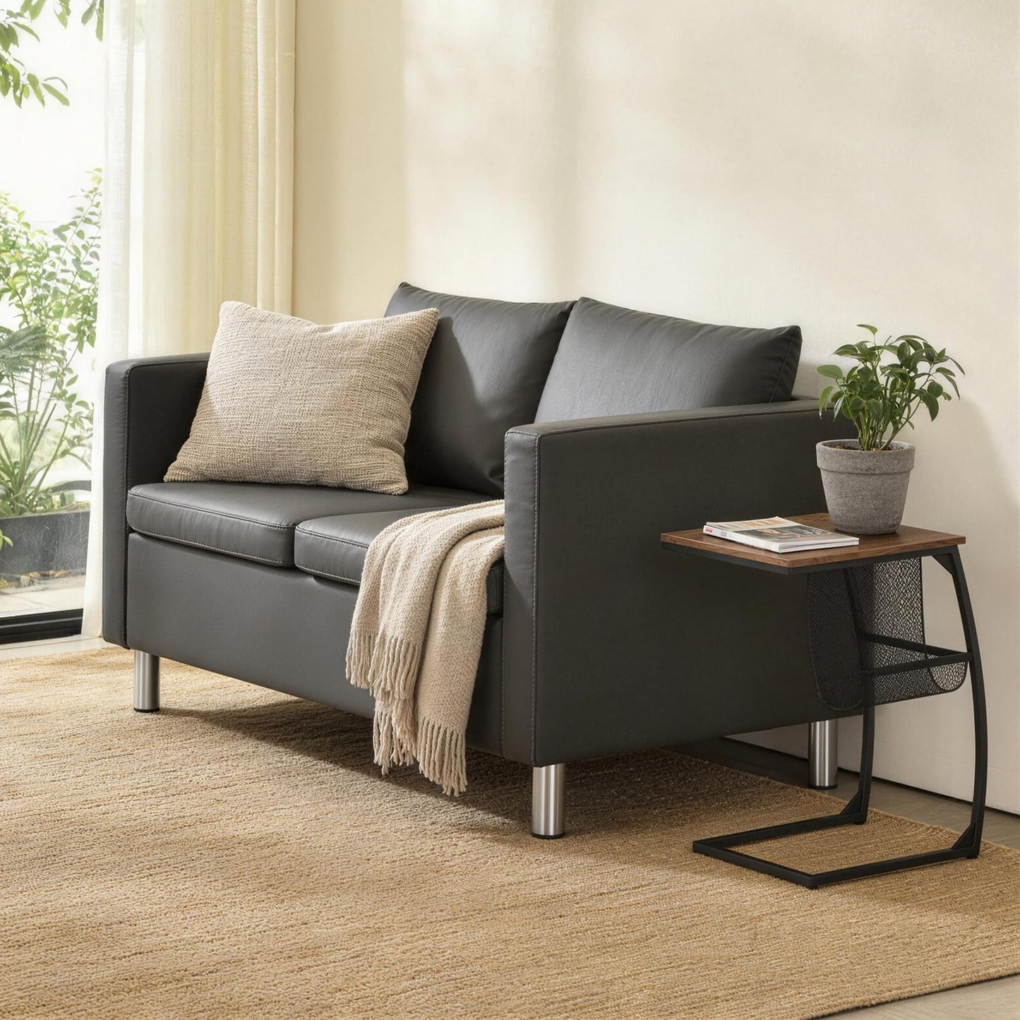 2-Seater PU Leather Accent Tub Sofa Loveseat with Pillows and C-Shaped Sofa Side Snack Table Set