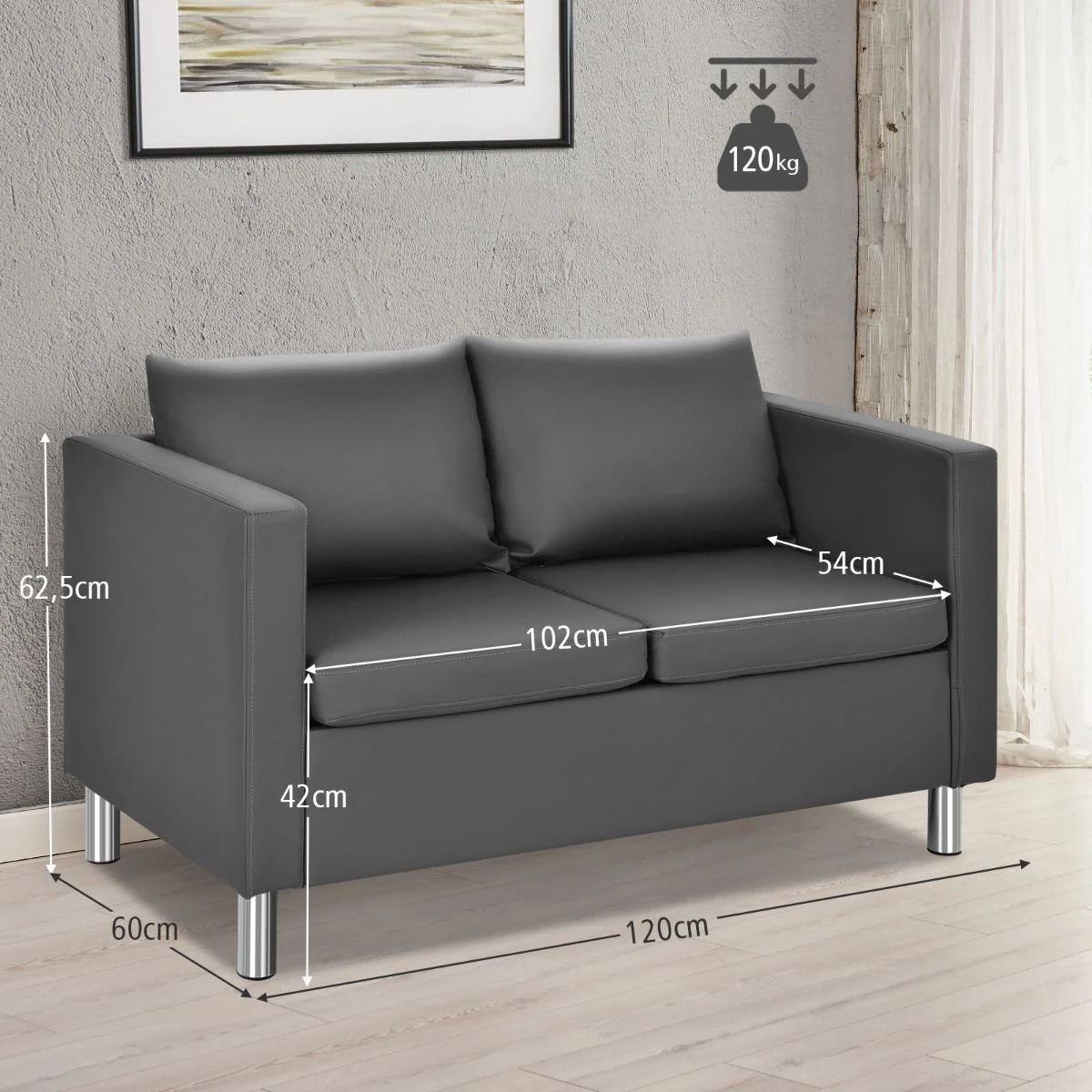 2-Seater PU Leather Accent Tub Sofa Loveseat with Pillows and C-Shaped Sofa Side Snack Table Set