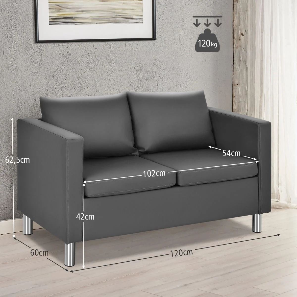 2-Seater PU Leather Accent Tub Sofa Loveseat with Pillows and C-Shaped Sofa Side Snack Table Set