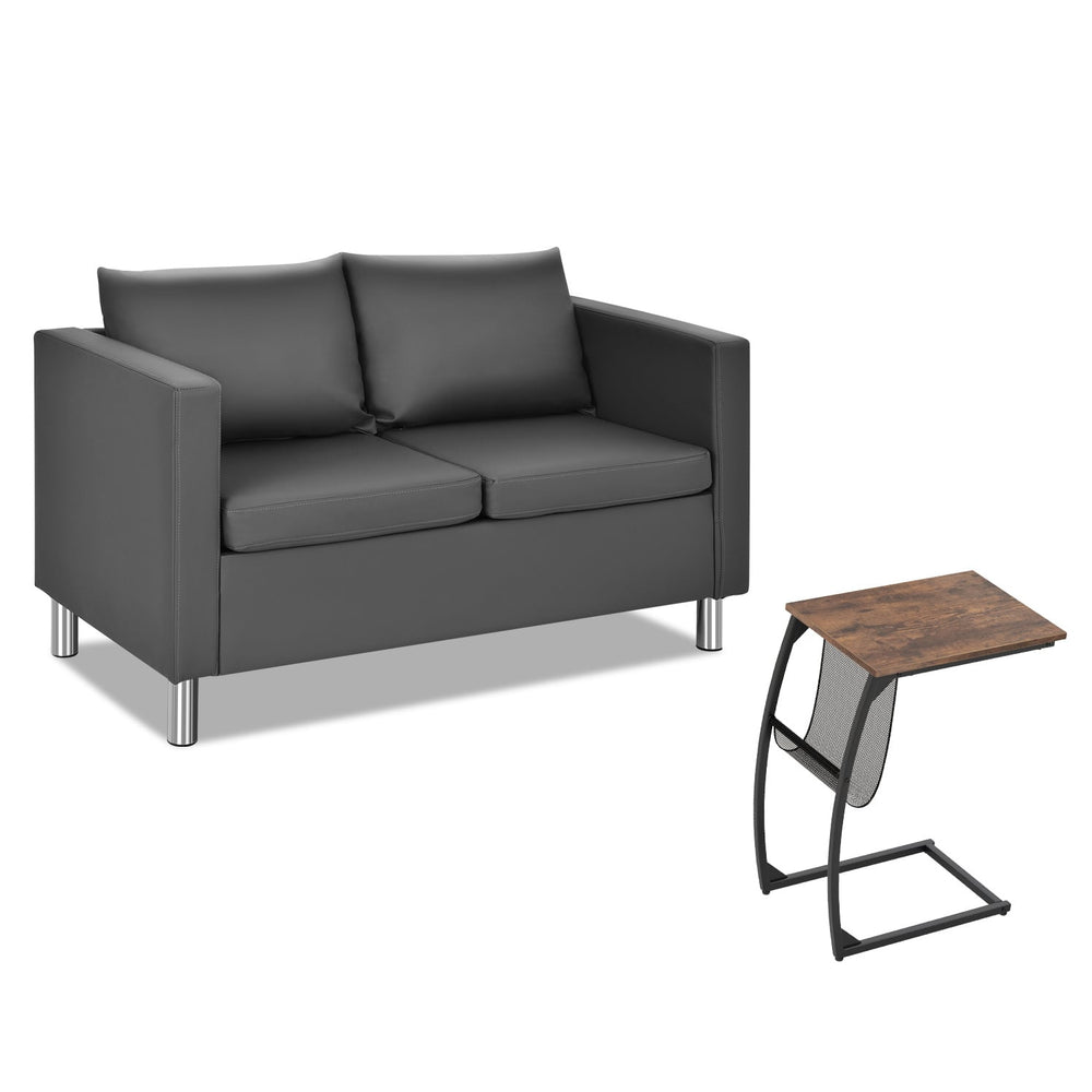 2-Seater PU Leather Accent Tub Sofa Loveseat with Pillows and C-Shaped Sofa Side Snack Table Set