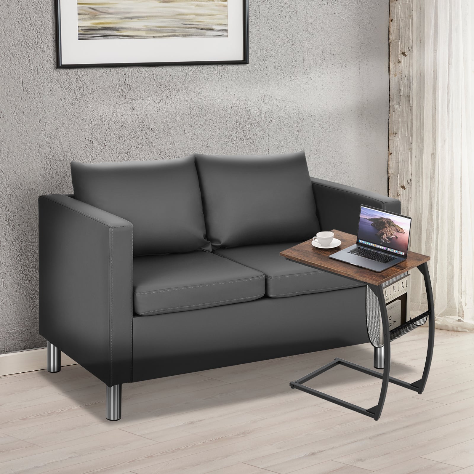 2-Seater PU Leather Accent Tub Sofa Loveseat with Pillows and C-Shaped Sofa Side Snack Table Set