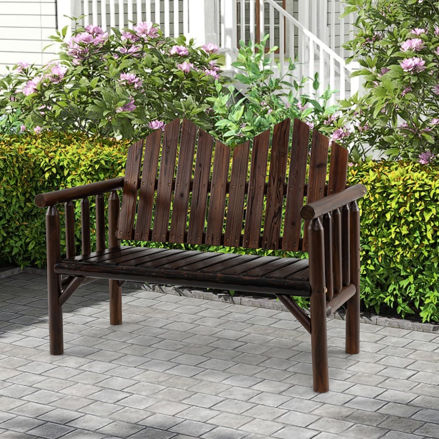 2-Seater Patio Bench Solid Wood Loveseat with Inclined Backrest and Armrests-Dark Brown