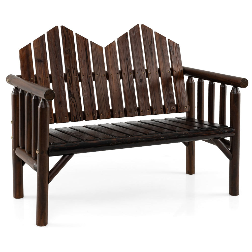 2-Seater Patio Bench Solid Wood Loveseat with Inclined Backrest and Armrests-Dark Brown