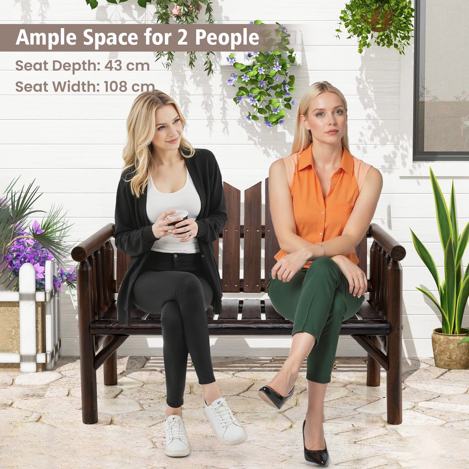2-Seater Patio Bench Solid Wood Loveseat with Inclined Backrest and Armrests-Dark Brown