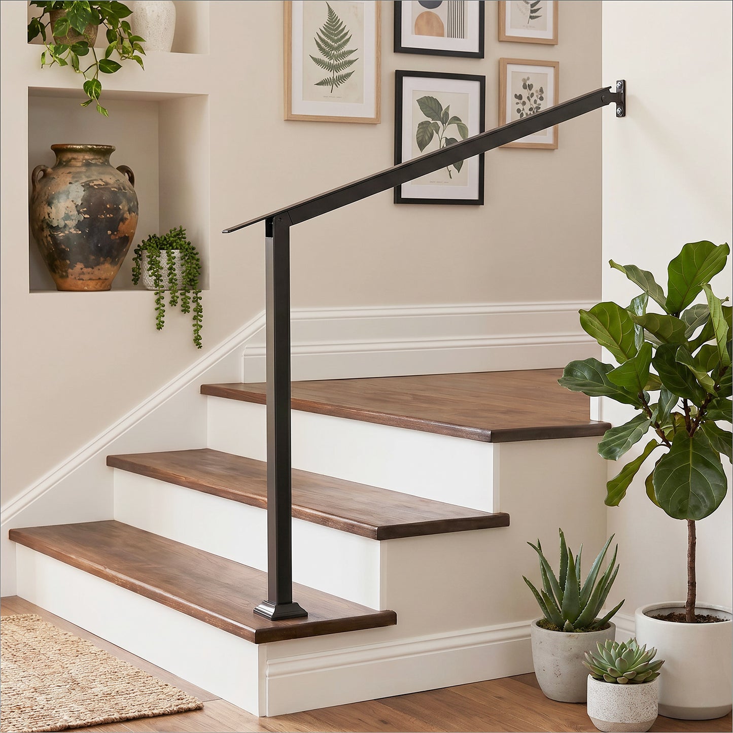 2 Step Stair Railing Kit with Angle-Adjustable Armrest and Galvanized Steel Frame for Porch