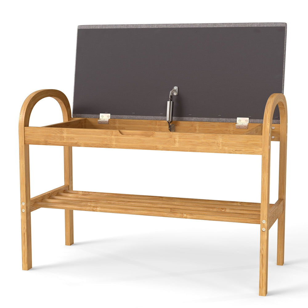 2-Tier Bamboo Shoe Bench with Storage with Padded Cushion and Shelf-Grey