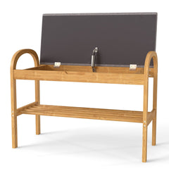 2-Tier Bamboo Shoe Bench with Storage with Padded Cushion and Shelf-Grey