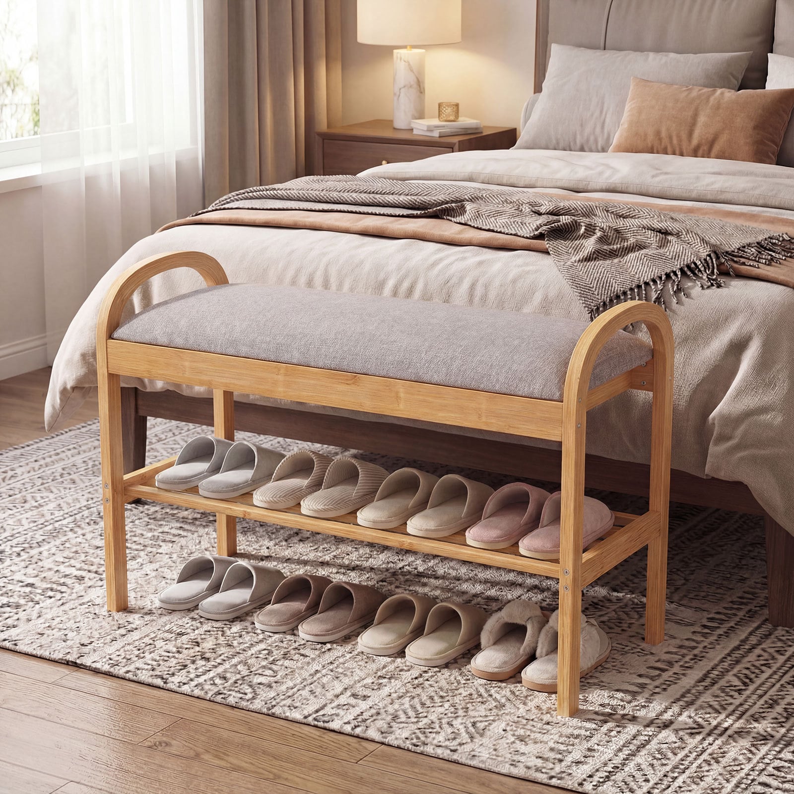 2-Tier Bamboo Shoe Bench with Storage with Padded Cushion and Shelf-Grey