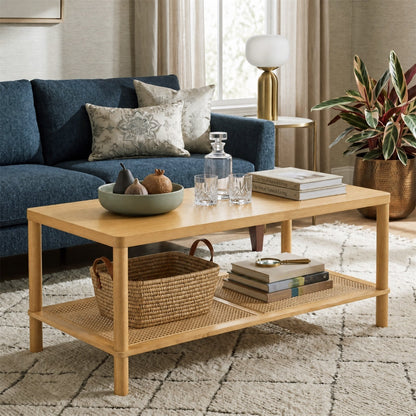 2-Tier Boho Coffee Table for Living Room Rectangular Center Table with Rubber Wood Frame-Natural