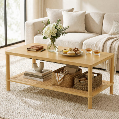 2-Tier Boho Coffee Table for Living Room Rectangular Center Table with Rubber Wood Frame-Natural