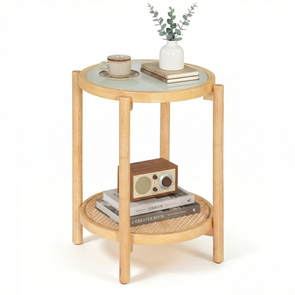 2-Tier Boho End Table with Tempered Glass Top for Living Room-Natural