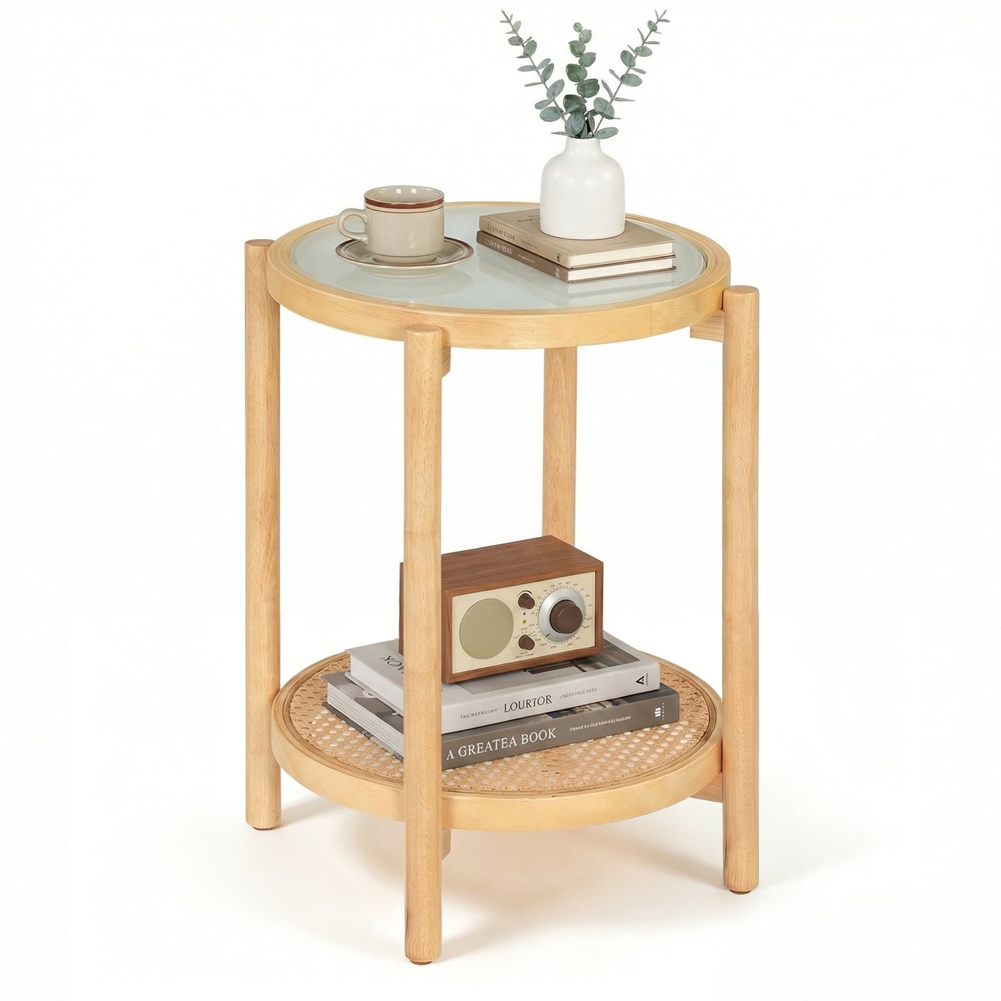2-Tier Boho End Table with Tempered Glass Top for Living Room-Natural