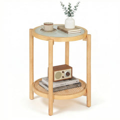 2-Tier Boho End Table with Tempered Glass Top for Living Room-Natural