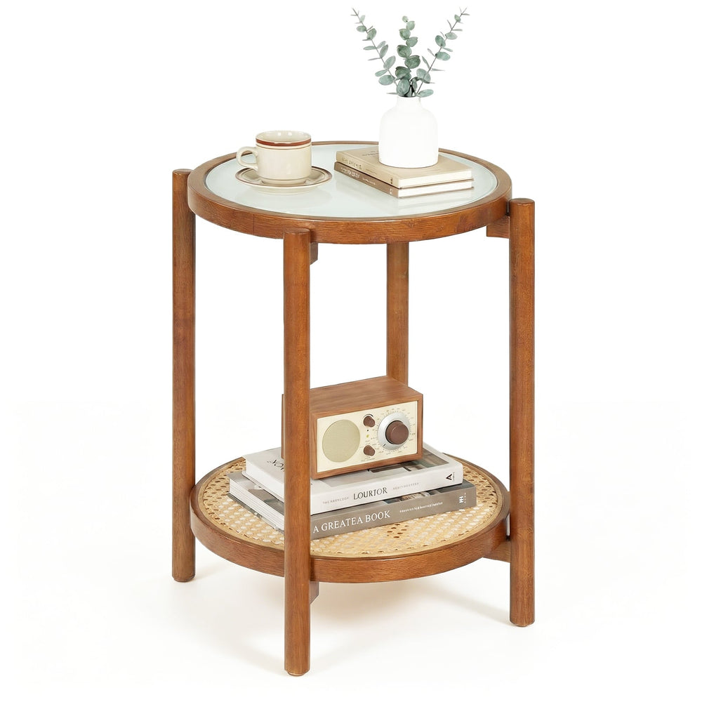 2-Tier Boho End Table with Tempered Glass Top for Living Room-Walnut