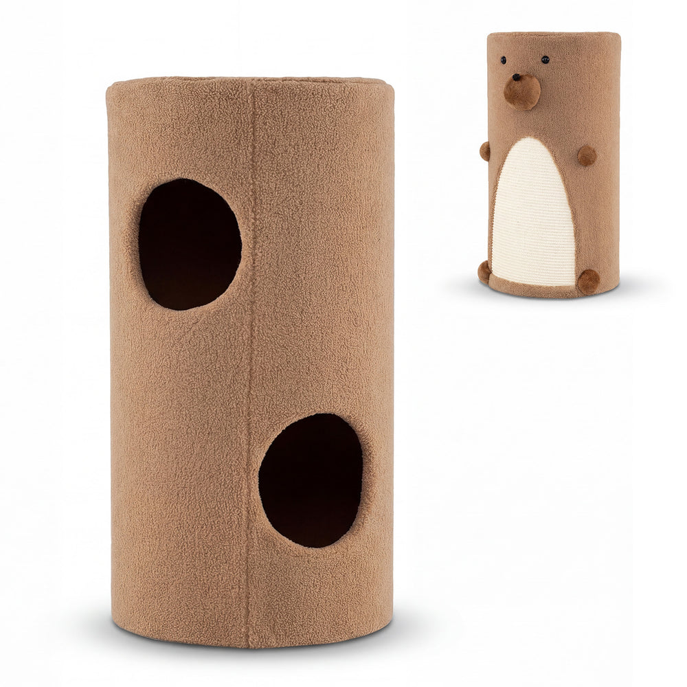 2-Tier Cat House for Indoor Cats with Sisal Scratching Mat Hideaway Cave and Bear Accents-Brown