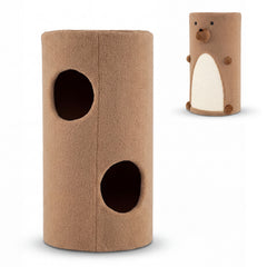 2-Tier Cat House for Indoor Cats with Sisal Scratching Mat Hideaway Cave and Bear Accents-Brown
