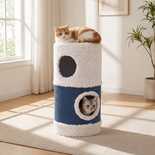 2-Tier Cat House for Indoor Cats with Sisal Scratching Mat Hideaway Cave and Covered Bed-Blue